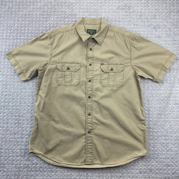 Eddie Bauer Shirt Men Large L Brown Khaki Button Up Short Sleeve Pockets Hiking - Picture 1 of 9